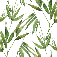 Bamboo leaves and twigs on a white background. Watercolor illustration. Seamless pattern. For fabric, textiles, wallpaper, covers, prints, packaging, paper, scrapbooking, clothing, bed linen.