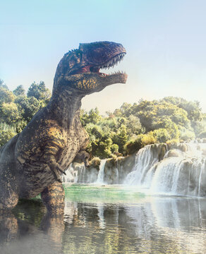 Giganotosaurus Dinosaur at Waterfall