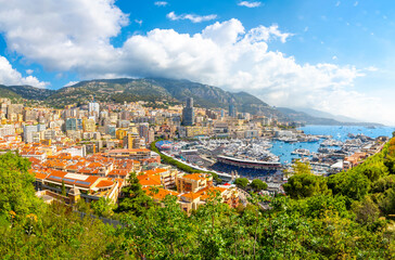 Panoramic view from the Rock of Monaco of the city of Monte Carlo, Monaco, the harbor port,...