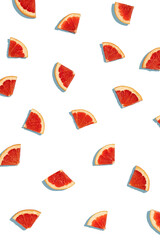 Patterns of slices of juicy grapefruit on a transparent background, a beautiful pattern. Top view, full screen. Minimal summer fruits pattern for blog or recipe book.