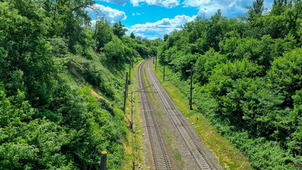 railway in beautiful green forest with blue sky