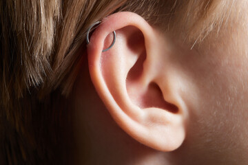 piercings on an ear. Conch and helix piercings close up.