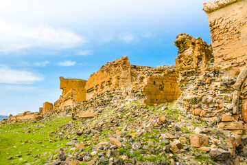 Aerial zoom in view Ani wall ruins in Turkey, Kars. Archeological site of medieval armenian city