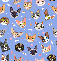 Cats heads seamless patterns on blue background. Use for print, card, fashion wear