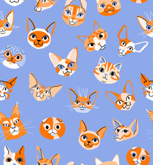 Cat head seamless vector pattern. Cute cartoon pet character. Wrapping paper, textile template. Blue background. Flat design
