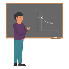 Student at the blackboard in the classroom explains the solution of the problem. Back to school. Cartoon style. Vector
