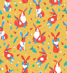 Rabbit seamless vector pattern with carrot and flower background. Perfect for wallpaper or fabric and textile, wrapping paper