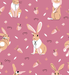Fashion rabbit seamless vector pattern on red background. Bunny animal character. Vector illustration for branding, package, fabric and textile, wrapping paper