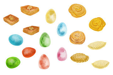 Digital set with traditional foods for Nowruz holiday. White background.