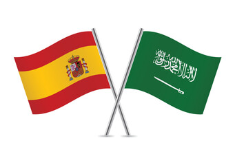 Spain and Saudi Arabia crossed flags. Spanish and Saudi Arabian flags on white background. Vector icon set. Vector illustration.