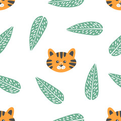 Funny cartoon vector pattern. Cute adorable tiger cub and green tropical leaves on a white background. Abstract and fun everyday children's pattern, background or print for textiles, wrappers or gifts