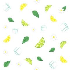 Collage of cute elements for cocktail and seamless pattern. Cute design of lime, lemon, mint, ice and flowers for paper, cover, fabric, interior decor and other users. Decoration for menu, daily plann