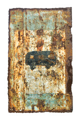 Very old rusty handmade roadsign 'Bus stop' isolated on white.