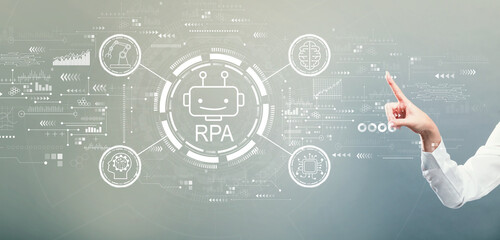 Robotic Process Automation RPA theme with hand pressing a button on a gray background