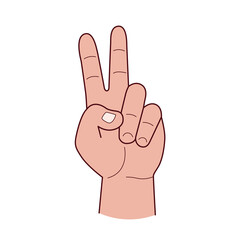 Hand shows Peace sign. Hand drawn sketch isolated on a white background. Vector illustration..