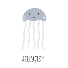 Cute blue jellyfish by hand drawn. Sea animal vector illustration of underwater life