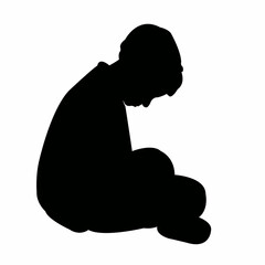 a sad boy sitting cross-legged, silhouette vector