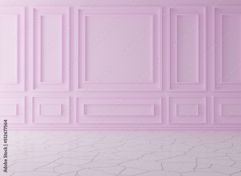 Wall mural Classic pastel pink wall, empty interior with wall panels and a light, reflective floor. Modern minimalist interior with panels on the wall. 3D render, 3D illustration.