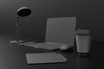 An abstract laptop, lamp, telephone and tablet of black pastel color on a black background. Minimalistic concept, modern office, abstract room. Modern work, creative. 3D rendering, 3D illustration.