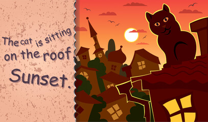 A stylized cat sits on the roof of the house in which the light is on, Flat style, Sunset over the cartoon city, Vector illustration