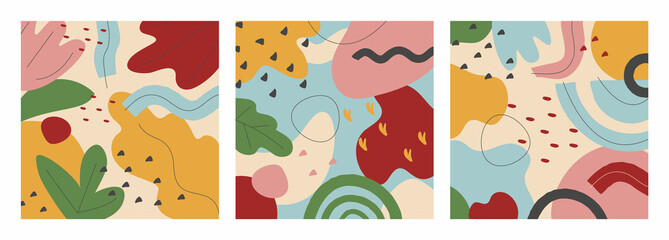 A set of abstract modern vector posters with organic shapes and doodles. Minimalist art prints. Abstract backgrounds.Fashionable design for banner templates; social networks, covers.
