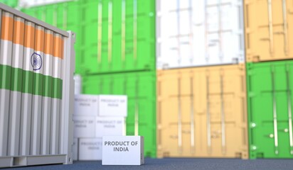 PRODUCT OF INDIA text on the cardboard box and cargo terminal full of containers. 3D rendering