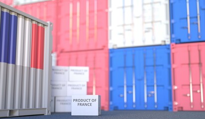PRODUCT OF FRANCE text on the cardboard box and cargo terminal full of containers. 3D rendering