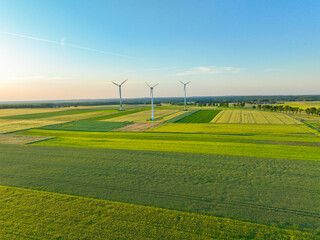 Aerial drone view of wind power turbines, part of a wind farm. Wind turbines on green field in...