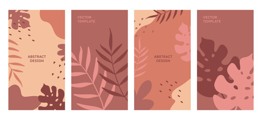 Fototapeta na wymiar A set of creative story templates with space for copying text. Modern vector illustrations, tropical leaves, organic shapes and textures. Abstract design for prints, banners, social media posts.