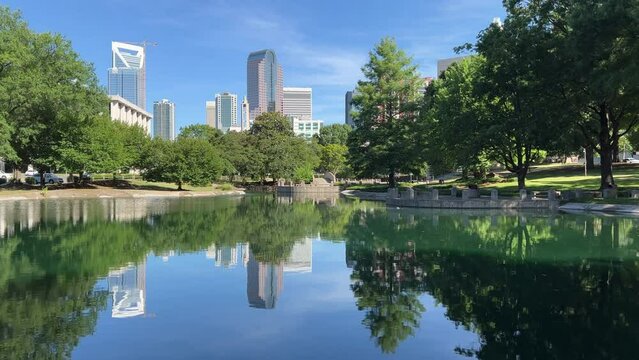 Charlotte, NC skyline cityscape on a clear summer day from Marshall Park
