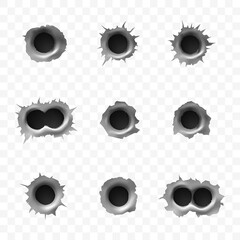 Realistic bullet holes isolated on transparent background. Collection of gunshot hole on metal surface. Rounded explosion trace. Vector illustration. - obrazy, fototapety, plakaty