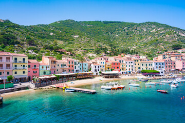 Giglio Porto on Giglio Island, Tuscany, Italy, Near Monte Argentario and Porto Santo Stefano, Giglio island is one of seven form the Tuscan Archipelago. A paradise for snorkeling diving - obrazy, fototapety, plakaty