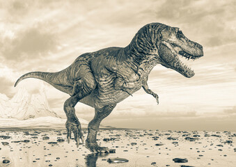 tyrannosaurus rex is walking on ice land side view