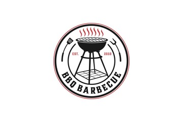 Standing BBQ stove logo design, rounded shape vintage badge style barbecue utensil tool grilling smoke icon