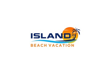 Beach island logo with palm coconut tree and sunset icon design water wave sea