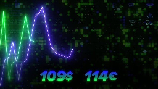 Currency chart . Motion . The jumping dollar and euro exchange rate is shown by bright neon lines on the graph in abstraction.
