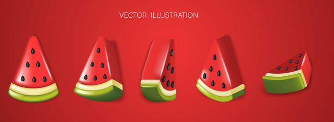 Set of 3d slices of watermelon on red background. Summer watermelon background. - obrazy, fototapety, plakaty