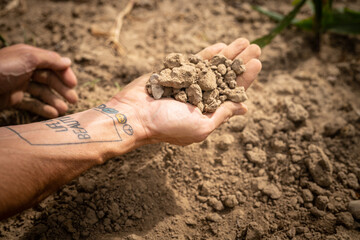 Man hands holding dry soil on a field