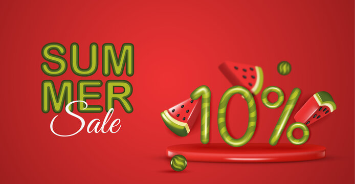 Summer sale poster with 3d slices of watermelon on red background. Summer watermelon background.
