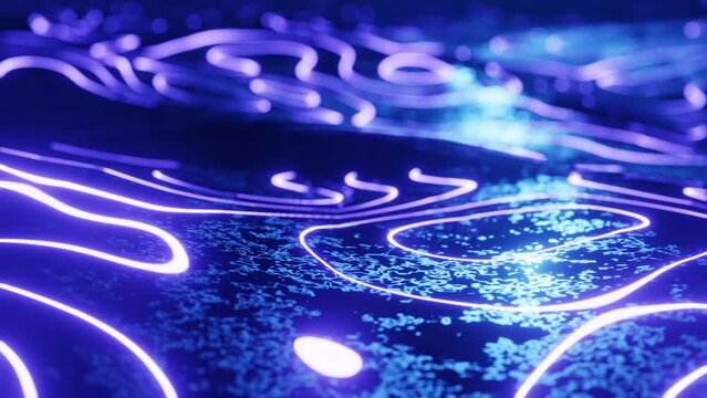 4k looped animation. Flight over hi tech pattern on plane surface, neon glow, complex structure. 3d objects form sci fi surface 3d pattern. Information technology.