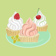 Cupcake with cherry on top and raspberries, with white and pink cream on a plate. Vector graphics