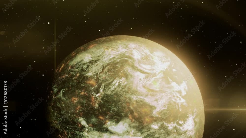 Poster outer space with a view of the earth . motion . illuminated in blue and yellow with a view of our pl