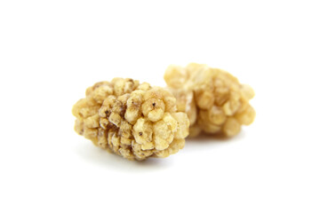 Dried mulberry isolated on white background. Dry sweet berries morus alba