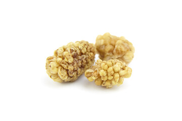 Dried mulberry isolated on white background. Dry sweet berries morus alba