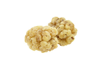 Dried mulberry isolated on white background. Dry sweet berries morus alba