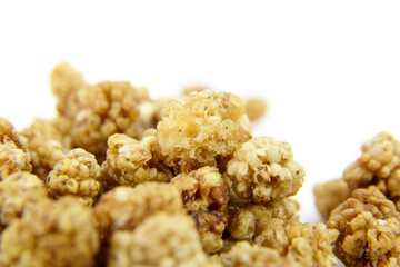 Dried mulberry on white background. Dry sweet berries morus alba