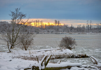 Fraser River Sunrise Snow. Early morning snow on the Fraser River, British Columbia.


