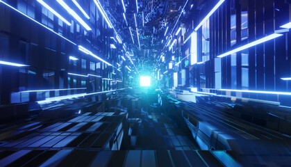 Blue futuristic sci-fi style corridor or passage background with exit or goal ahead. Destination, beyond, and ahead concept. 3D illustration, 3D rendering.