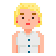 Pixel character vector, isolated woman wearing blouse. Blone character for video game.