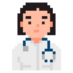Doctor isolated on white background. Woman physician pixel game style illustration. Medic vector pixel art design. funny 8 bit people character icon.